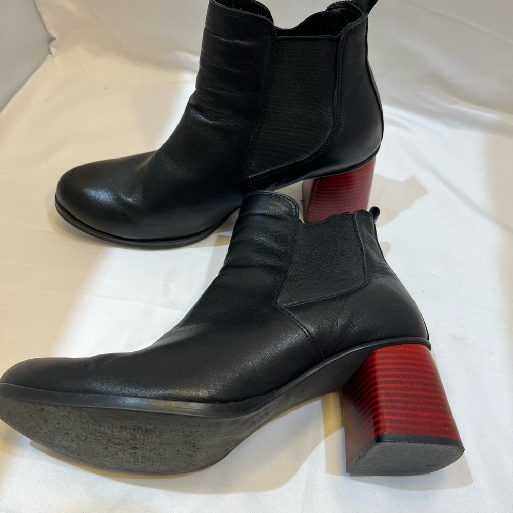 Black Leather Ankle Boots with Red Heel